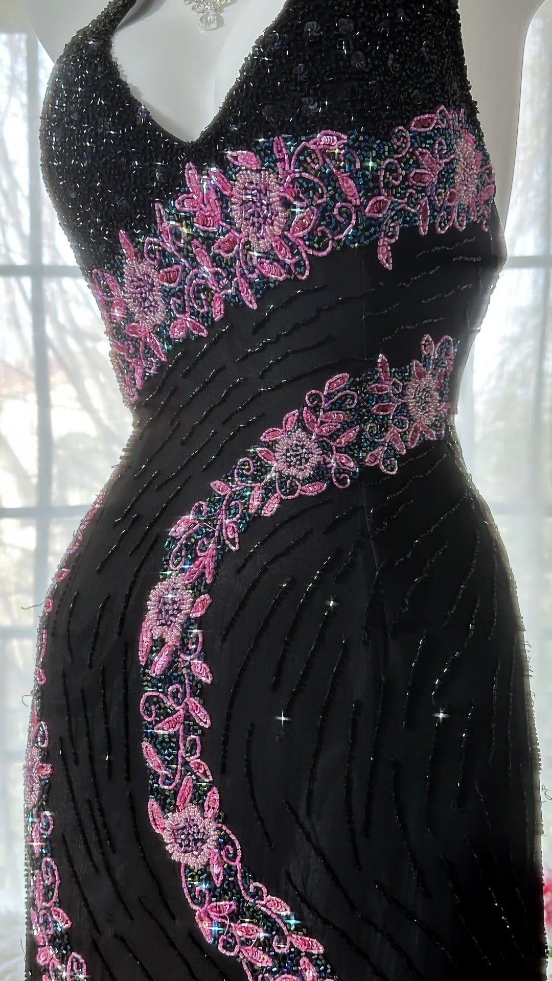 Black Shiny Vintage Elegant Romantic Delicate Pink Floral Beading Long Chiffon Homecoming Ball Gown Evening Dress Birthday/Wedding Guest/Holiday Party Dress Prom Dress gh4025
