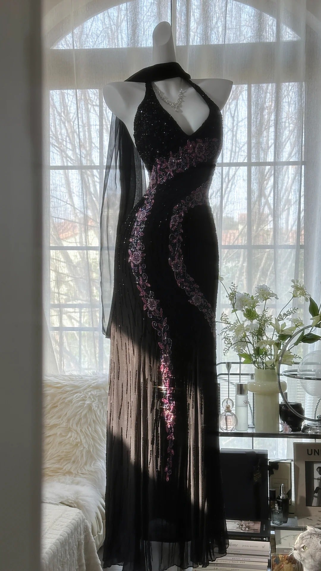 Black Shiny Vintage Elegant Romantic Delicate Pink Floral Beading Long Chiffon Homecoming Ball Gown Evening Dress Birthday/Wedding Guest/Holiday Party Dress Prom Dress gh4025
