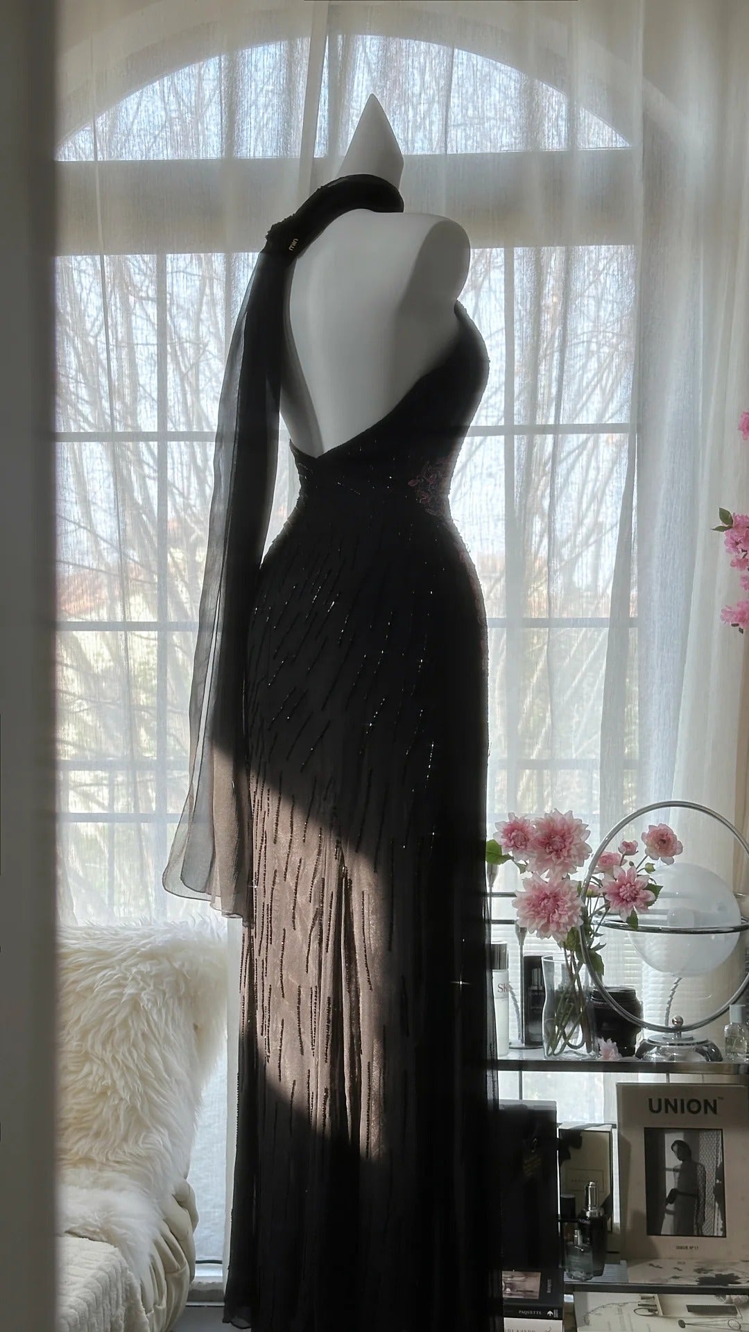 Black Shiny Vintage Elegant Romantic Delicate Pink Floral Beading Long Chiffon Homecoming Ball Gown Evening Dress Birthday/Wedding Guest/Holiday Party Dress Prom Dress gh4025