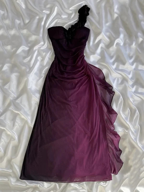 girlhomeshops - Robe de soirée asymétrique violette à paillettes dégradées et à volants froncés gh6006