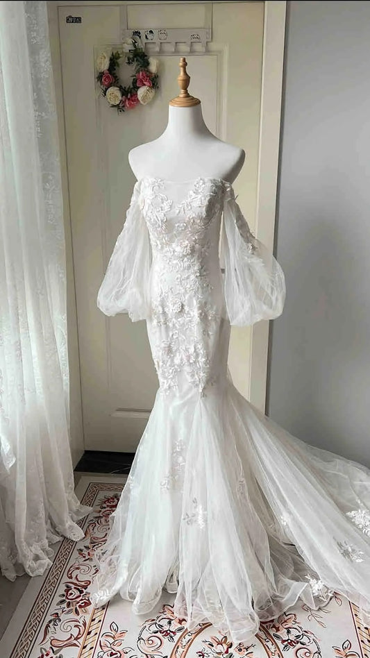 Girlhomeshops - Robe de mariée sirène longue en tulle à fleurs, robe de soirée gh5985