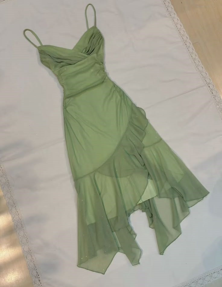Green fashion spaghetti straps long elegant chiffon ruffles ball gown evening dress party dress gh3419
