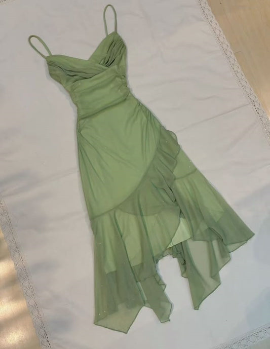 Green fashion spaghetti straps long elegant chiffon ruffles ball gown evening dress party dress gh3419