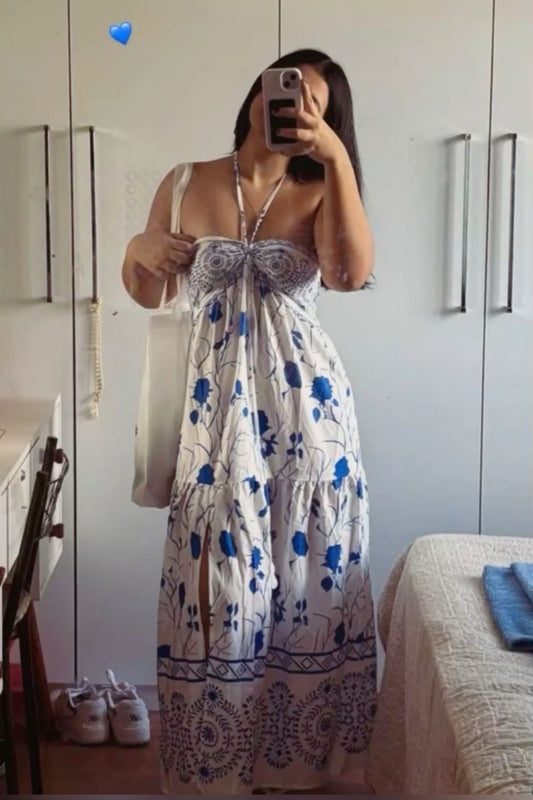 Robe longue fendue dos nu à imprimé floral blanc et bleu : motif ethnique, cordon de serrage, robe de soirée légère gh6615