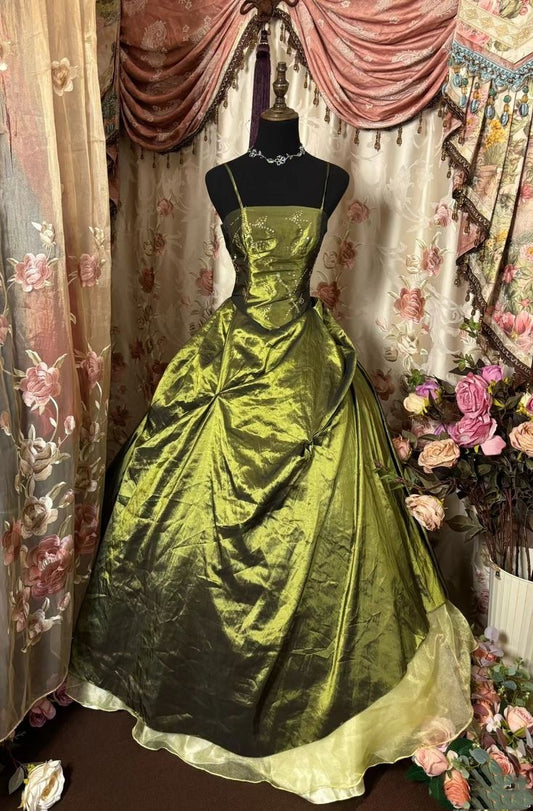 Green shiny vintage exquisite beaded long elegant satin ball gown evening dress gh3198