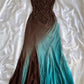Robe de bal menthe chocolat, dégradé de marron et bleu, magnifique, légère, exquise, perles, bretelles spaghetti, longue, en mousseline de soie, robe de soirée gh3338