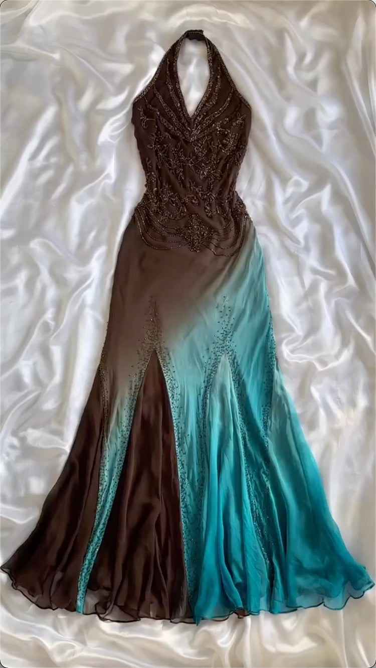 Robe de bal menthe chocolat, dégradé de marron et bleu, magnifique, légère, exquise, perles, bretelles spaghetti, longue, en mousseline de soie, robe de soirée gh3338