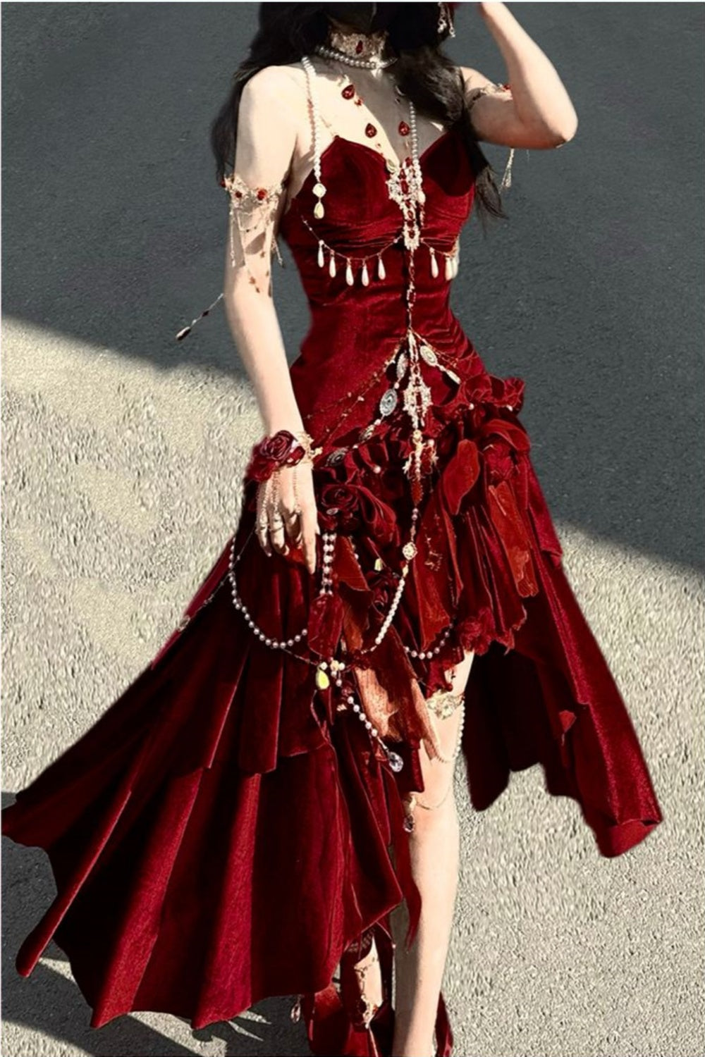 Blue/Burgundy Gorgeous Elegant Delicate Beaded Spaghetti Strap Long Ruffled Velvet Ball Gown Evening Gown Party Dress gh4169