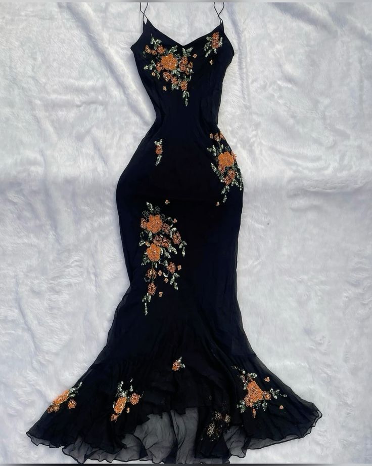 Black shiny elegant spaghetti straps orange floral beading slim fit long mermaid chiffon ball gown evening dress gh3361