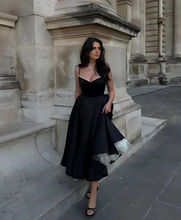 Black and White Princess Cute and Elegant A-line Spaghetti Straps Long Satin Tulle Party Dress Evening Dress Prom Dress Homecoming Dress gh4196