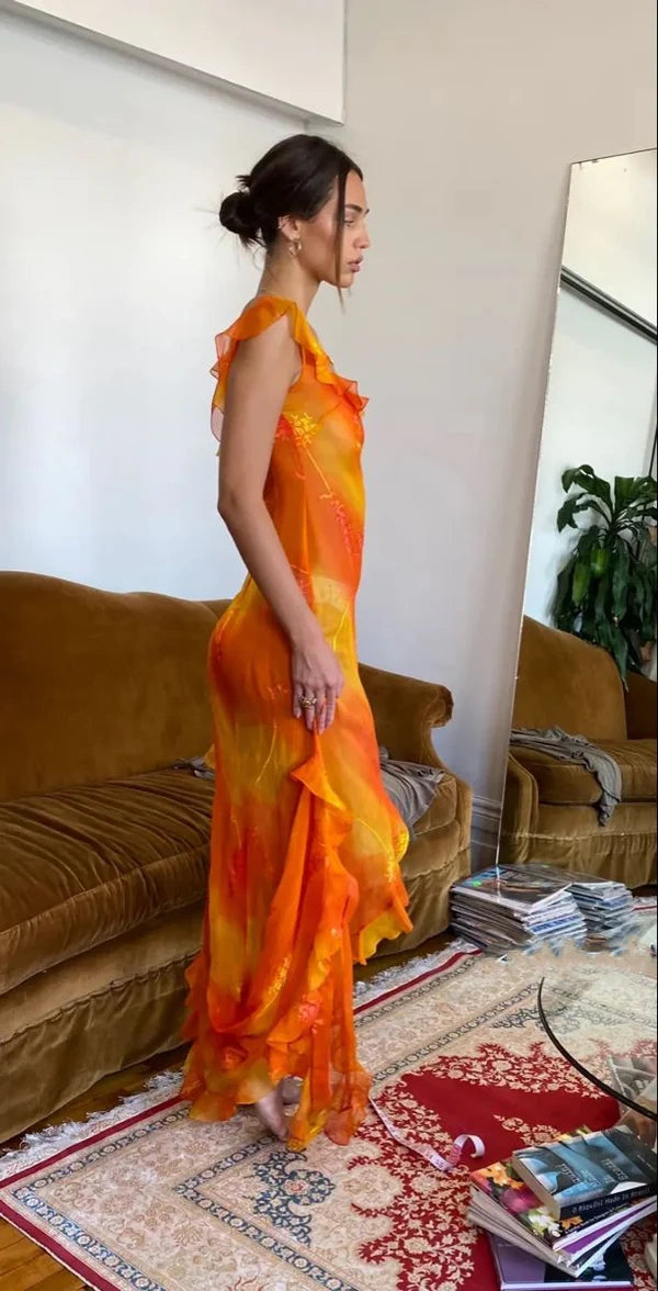 Orange Fashion Gradient Spaghetti Strap Long Ruffle Elegant Chiffon Ball Gown prom dress Evening Dress Holiday Party Dress gh3319