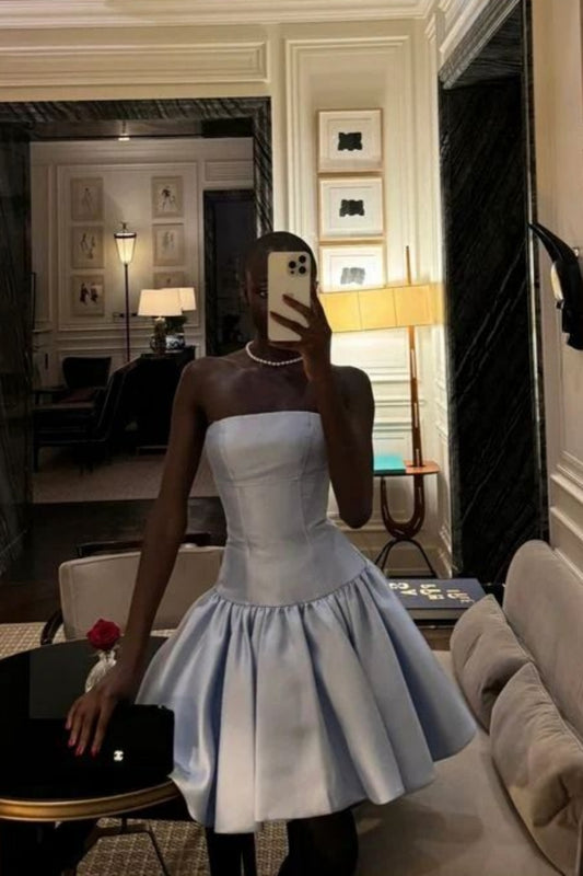 Sleeveless Light Blue Satin Ball Mini Dress | Luxury Elegant Waist-Tied Short Gown for Party Gala gh6476