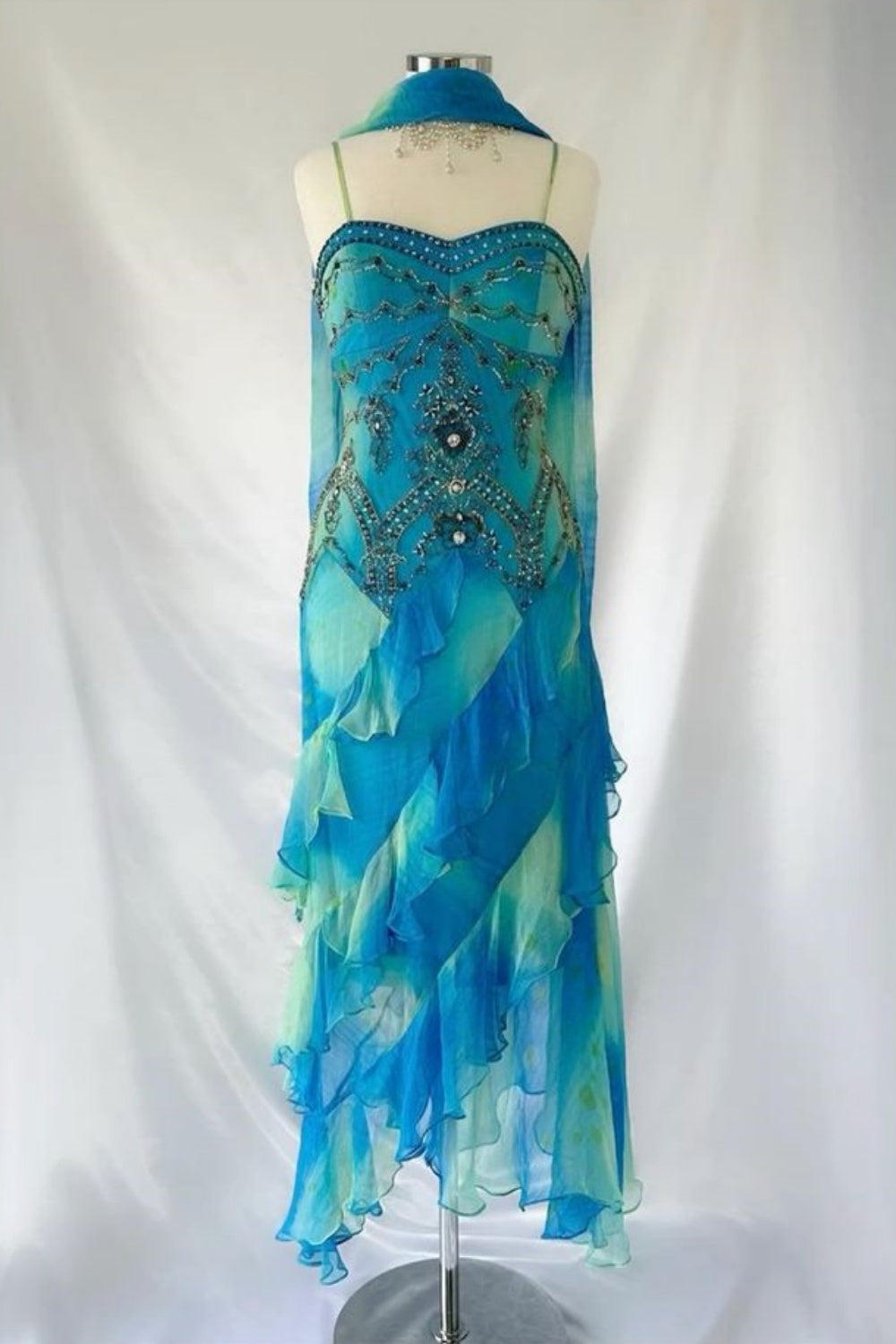 Blue Gradient Shiny Gorgeous Retro Fashion Exquisite Gemstone Beads Long Ankle Length Chiffon Ruffle Ball Dress Evening Dress Party Dress Prom Dress gh3777