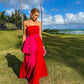 Red unique fashion tube top pink contrast long tulle ball gown evening dress gh3082