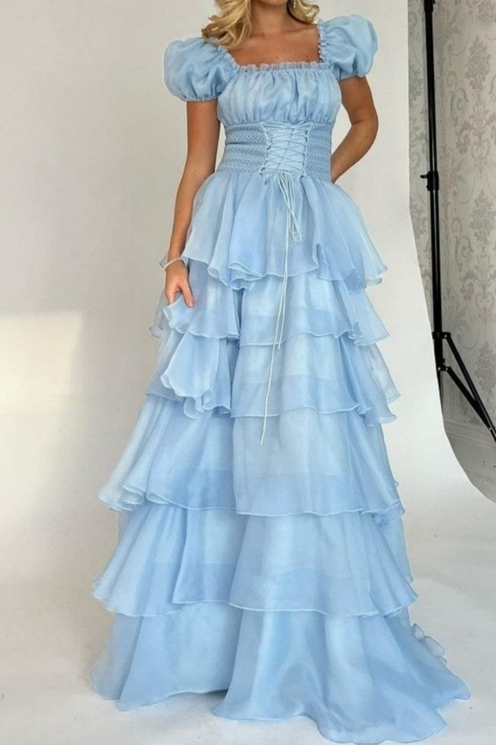 girlhomeshops-Rosa und blau süßes langes Chiffon-Ballkleid mit mehreren Lagen gh5784