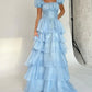 Blue Princess Cute Elegant A-line Short Sleeve Long Tulle Party Dress Evening Dress Ball Gown gh4197