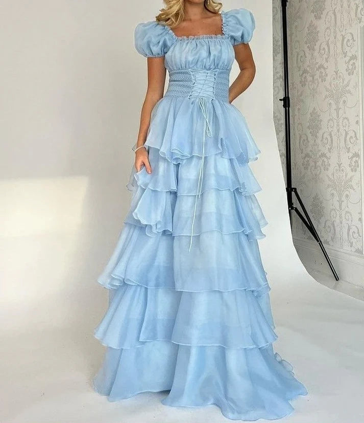 Blue Princess Cute Elegant A-line Short Sleeve Long Tulle Party Dress Evening Dress Ball Gown gh4197