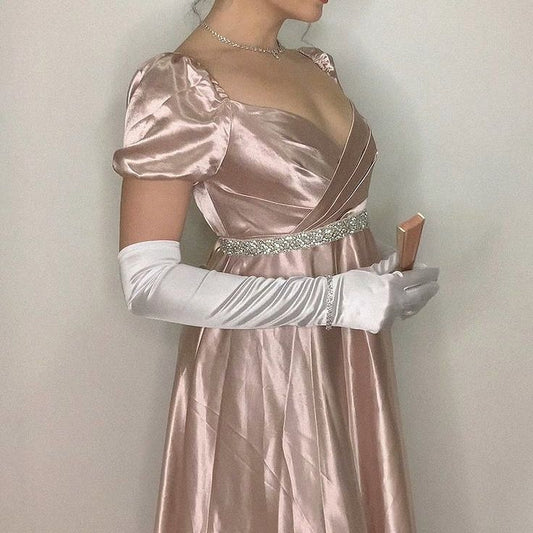 Pink vintage long satin formal high waist empire dress Prom dress evening dress party dress gh4900