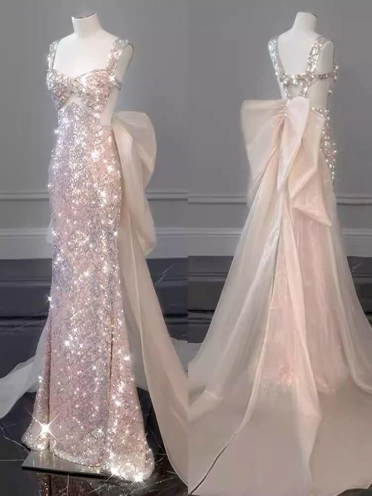 Robe de bal sirène rose magnifique et étincelante avec nœud amovible, longue robe de bal élégante à paillettes, robe de soirée gh3544