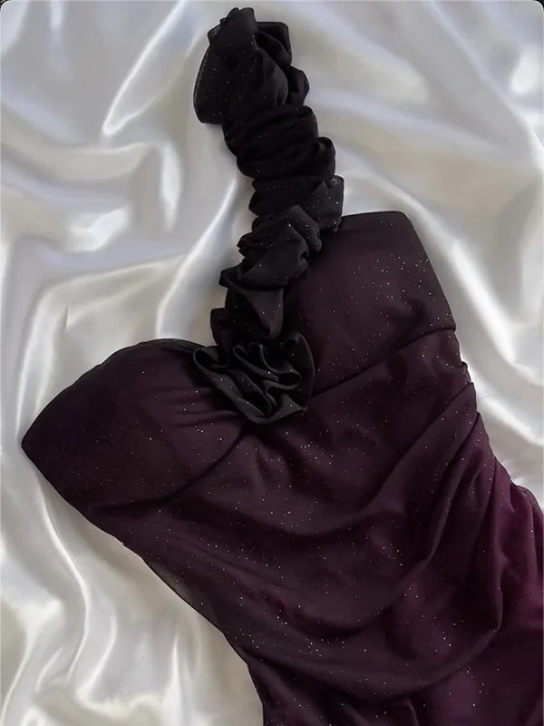 girlhomeshops - Robe de soirée asymétrique violette à paillettes dégradées et à volants froncés gh6006