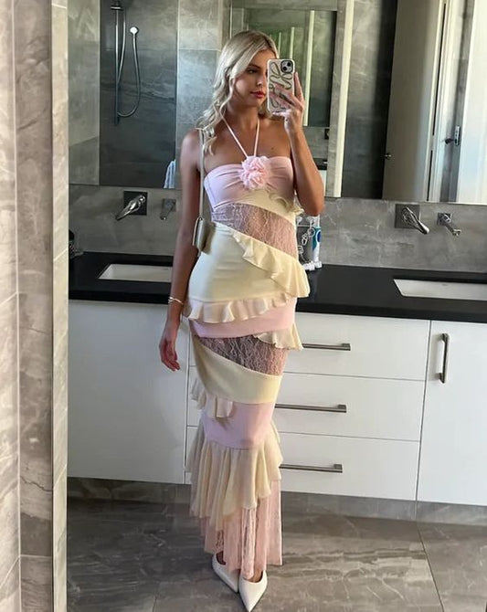 Pink backless tight lace three-dimensional rose flower long prom dress formal evening dress party dress gh3012