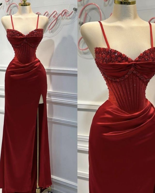 Red Fashion Elegant Exquisite Beaded Spaghetti Straps Long Sexy Slit Satin Ball Gown Evening Dress Party Dress gh3424