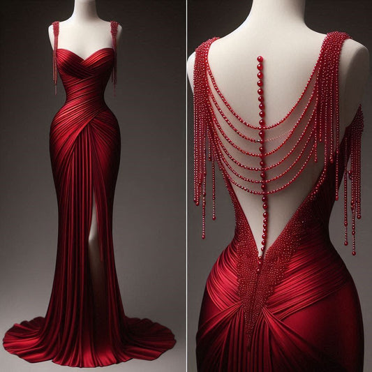 Girlhomeshops-Roter Satin, exquisiter perlenbesetzter herzförmiger Ausschnitt, sexy, rückenfrei, geschlitzt, langes Satin-Ballkleid, Abendkleid, Geburtstagspartykleid, gh5381