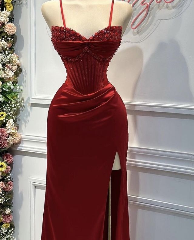 Red Fashion Elegant Exquisite Beaded Spaghetti Straps Long Sexy Slit Satin Ball Gown Evening Dress Party Dress gh3424