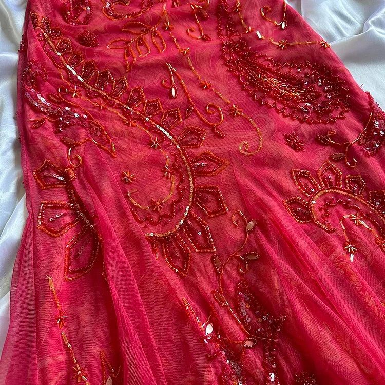 Red fashion elegant exquisite beaded spaghetti straps long ruffled chiffon ball gown evening dress party dress gh3477