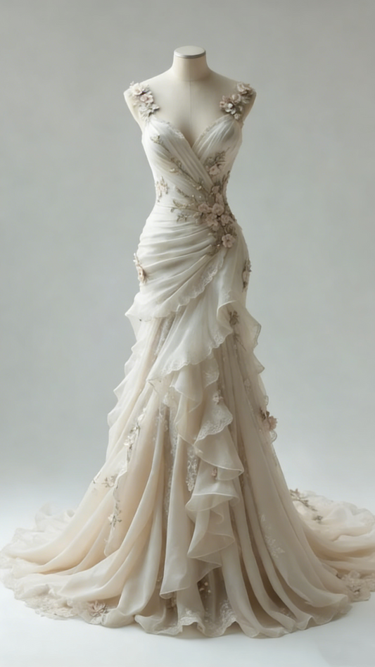 Robe de mariée longue en tulle ivoire à fleurs vintage gh4955