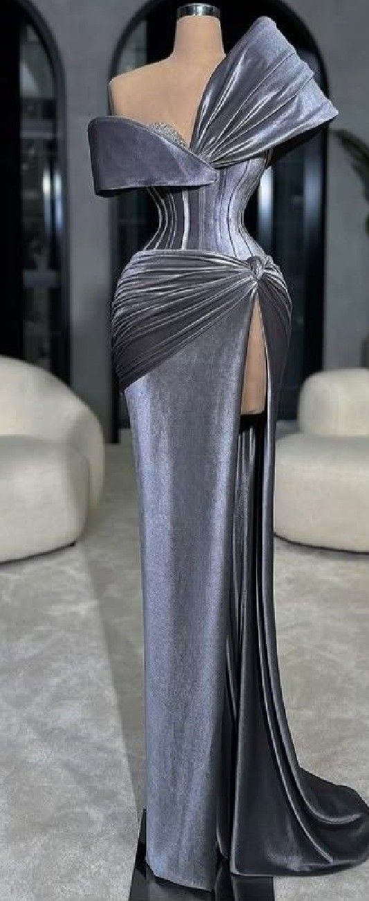 Girlhomeshops-Silver Gray Elegant Long Velvet Ball Gown Evening Dress Party Dress gh5029