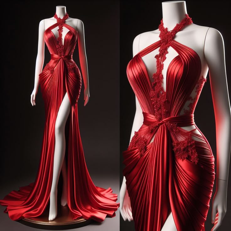 Girlhomeshops - Robe de soirée longue en satin rouge, sexy et élégante, avec bretelles fendues, gh5401