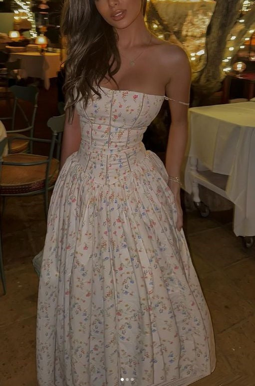 White floral sweet cute elegant long chiffon tube top homecoming dress wedding guest dress birthday party dress gh4083