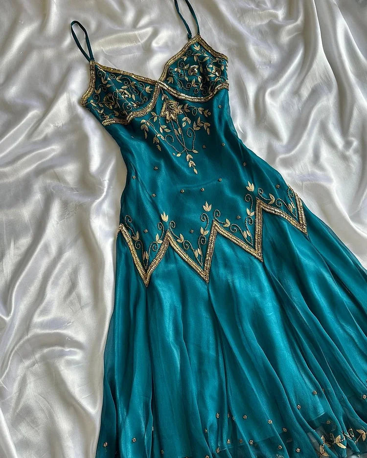 Peacock blue vintage fashion exquisite embroidery beaded spaghetti strap long chiffon ball gown evening dress party dress gh3406
