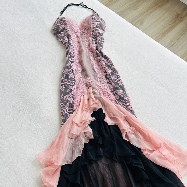 Pink Fashion Suspender Exquisite Lace Long Ruffled Ball Gown Evening Dress Party Dress gh3301