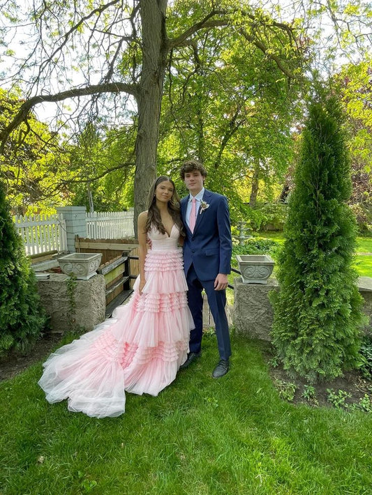 Pink sweet fashion V-neck elegant long tulle floor-length trailing ball gown evening dress prom dress gh3791