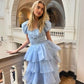 Blue Princess Cute Elegant A-line Short Sleeve Long Tulle Party Dress Evening Dress Ball Gown gh4197