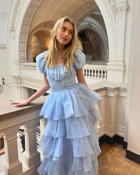 Blue Princess Cute Elegant A-line Short Sleeve Long Tulle Party Dress Evening Dress Ball Gown gh4197