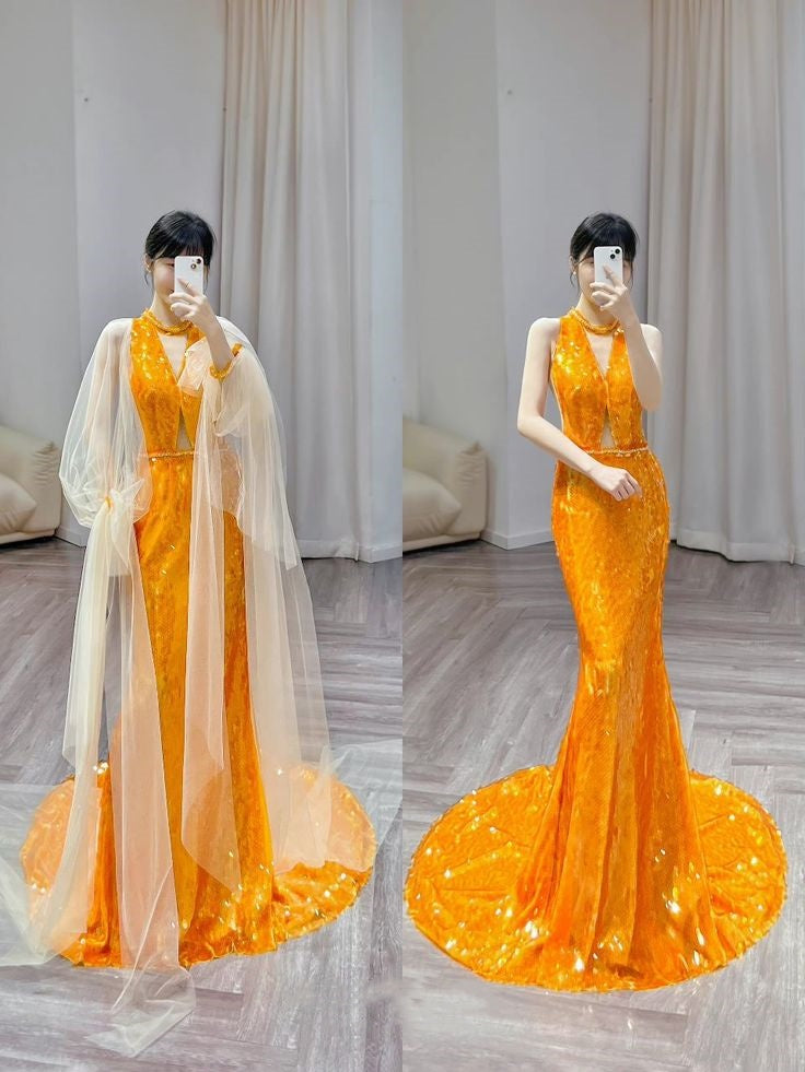 Robe de soirée élégante à manches longues en tulle et paillettes, magnifique, orange, brillante, sirène, slim, robe de bal, robe de soirée gh3386