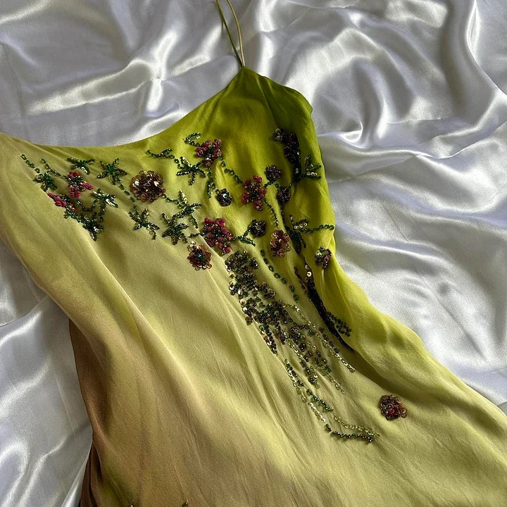 Robe de soirée longue en mousseline de soie à perles exquise dégradé de mode verte gh3512