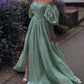 girlhomeshops-Green pearl beaded long satin short-sleeved princess dress long graduation dress gh5766