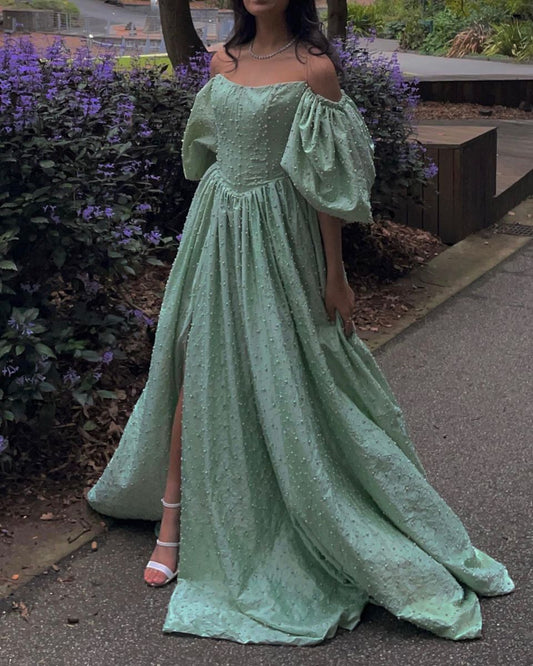 girlhomeshops-Green pearl beaded long satin short-sleeved princess dress long graduation dress gh5766