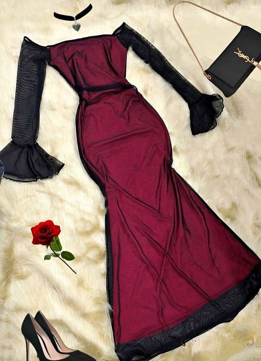Burgundy & Black Tulle Off-the-shoulder Mermaid Dress: Flared Sleeve Design, Waist-cinched Fitted, Gothic-style Evening Maxi Dress gh6595