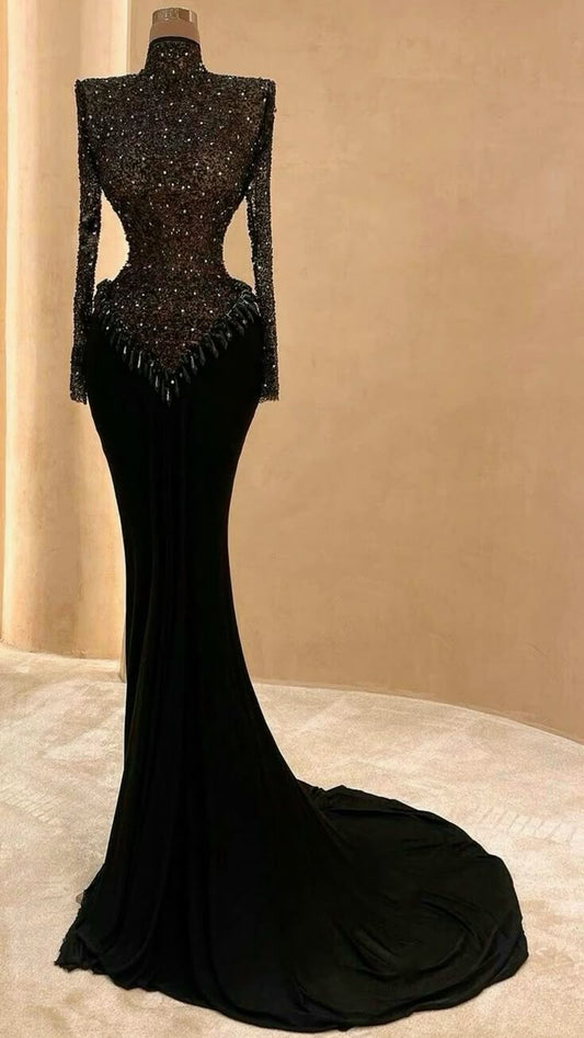 Girlhomeshops - Schwarzes wunderschönes, exquisites, glänzendes, elegantes, langes Ballkleid mit Perlenbesatz, Abendkleid gh5409