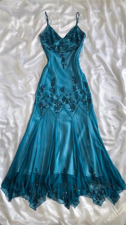 Blue shiny fashion exquisite beaded spaghetti strap long chiffon ball gown evening dress party dress gh3405