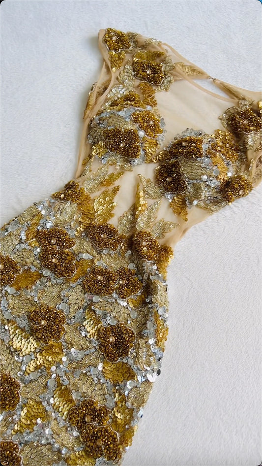 girlhomeshops - Robe sirène or champagne à perles lourdes, robe de soirée luxueuse ornée de sequins et de fleurs 3D gh6003