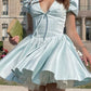 Girlhomeshops-Blue Sweet Fashion V-Neck Short Satin Homecoming Dress Birthday Party Dress gh5249