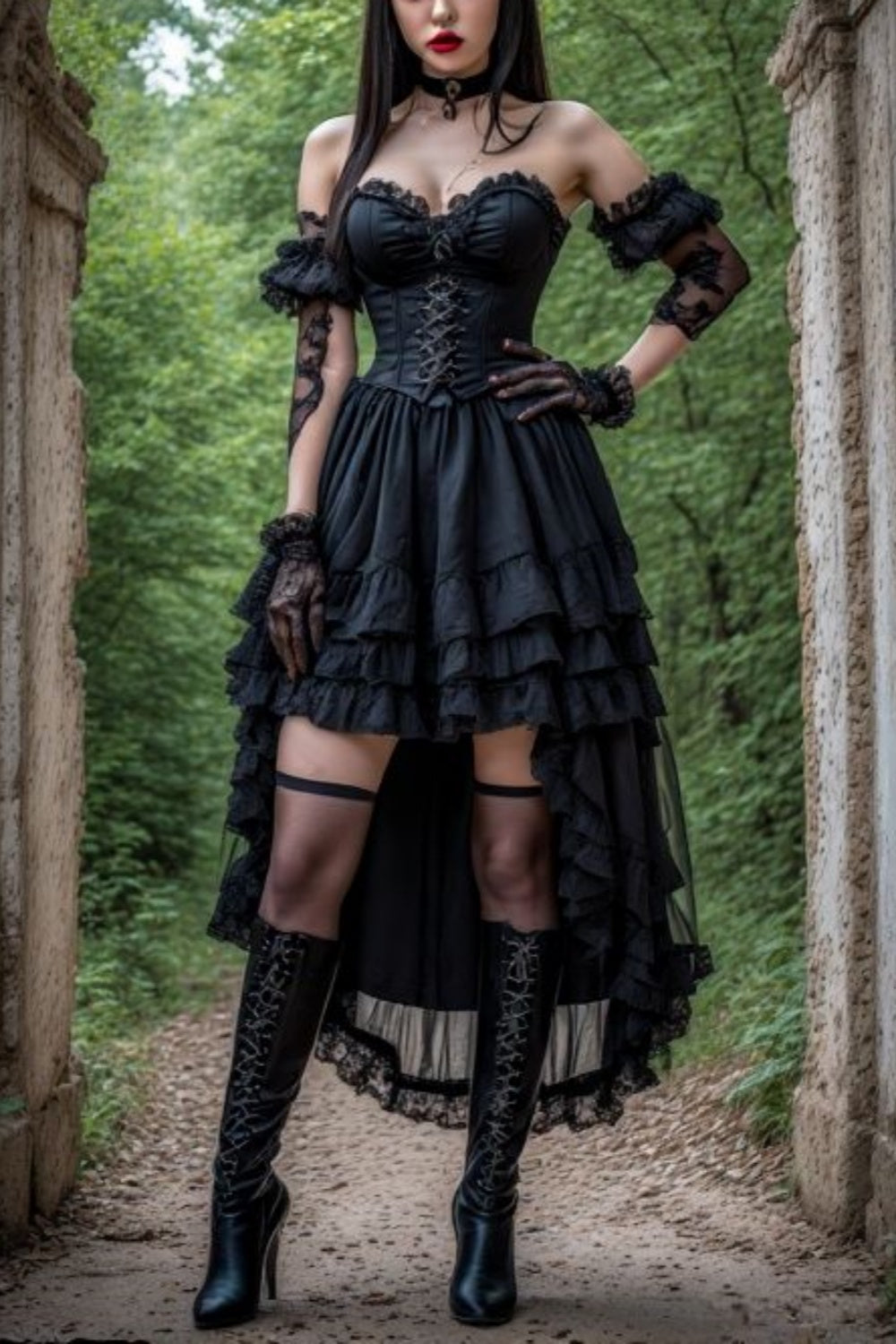 girlhomeshops-Black, unique short-sleeved, high-low sheer corset party dress gh6191