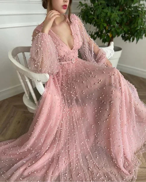 Pink tulle long A line prom dress pink evening dress  gh1843