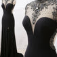 Black Beaded Turtleneck Formal Tulle Mermaid Evening Gown Prom dresses Party Dress with Slits gh4897